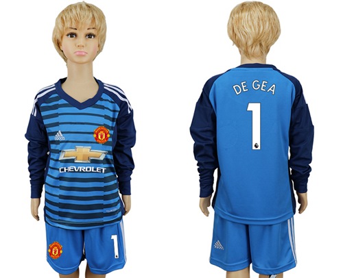 Manchester United #1 De Gea Blue Long Sleeves Kid Soccer Club Jersey